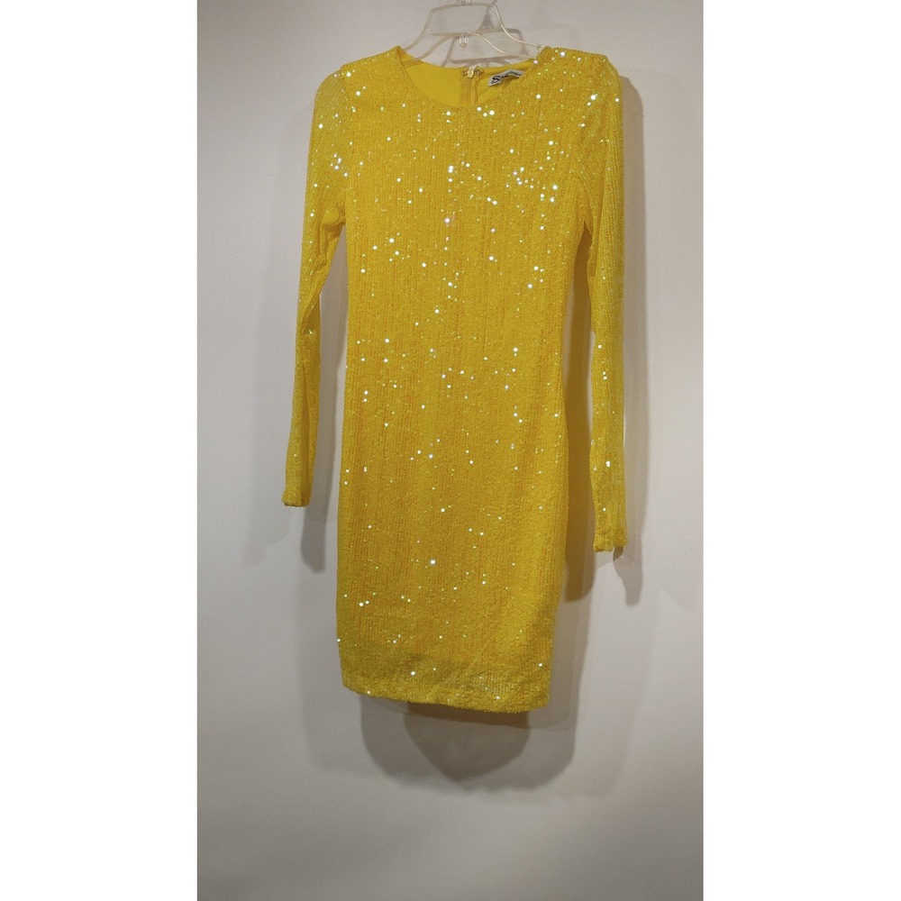 Stiletto's Sequin Bodycon Mini Dress Womens Small Yellow Excellent Long Sleeve - Picture 7 of 7